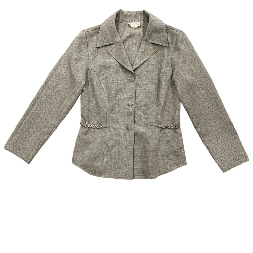 WRAPPER M (L) heathered gray button lightweight tailored blazer silver accents